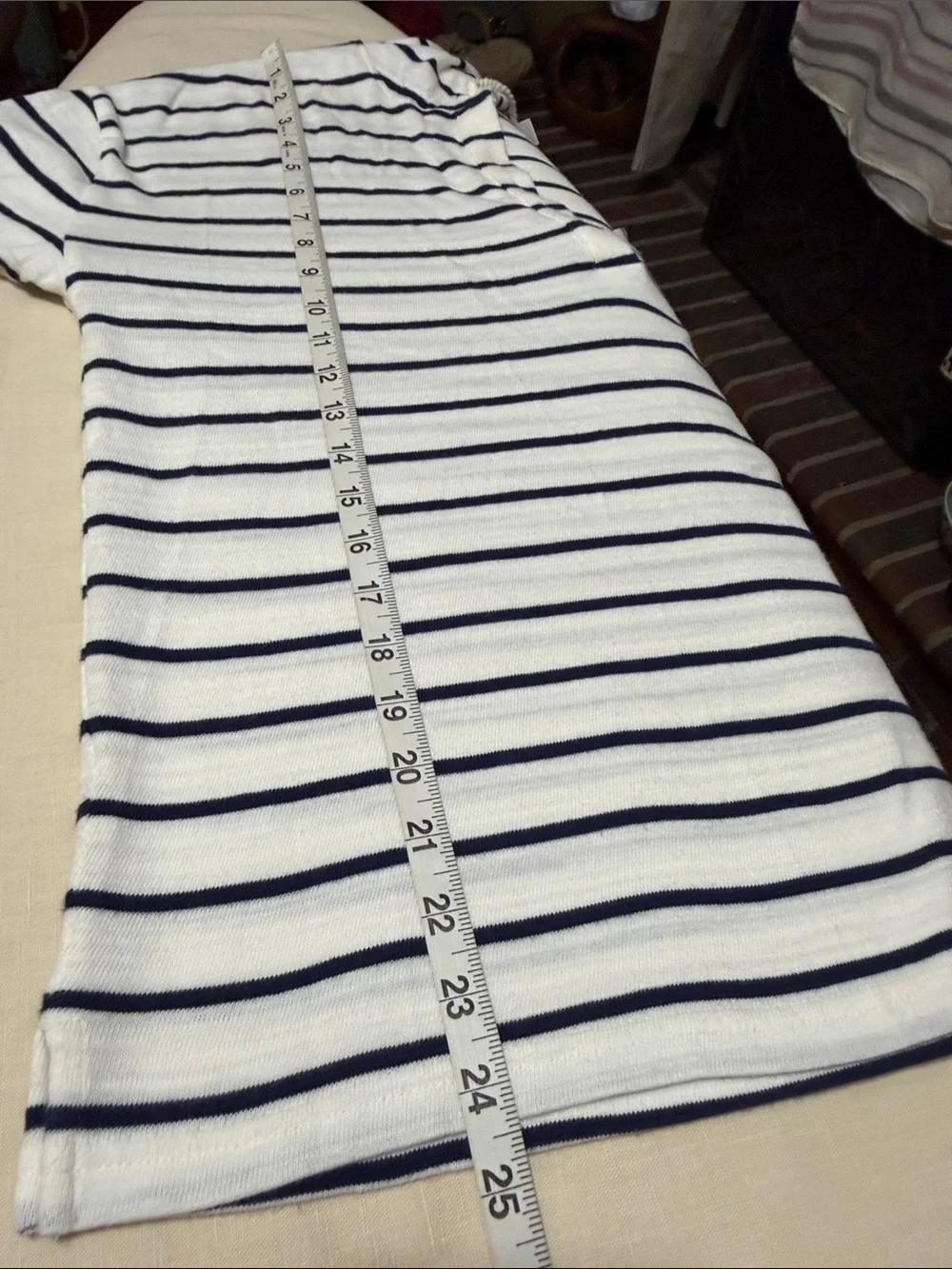 J. Crew White and Navy Striped V-Neck Beach Hoodie Pullover Top, Size Medium.